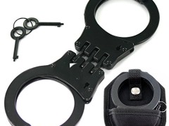 Professional Heavy Duty Black Hinged Police Style Handcuffs Double Lock with Duty Handcuff Nylon Case Holster