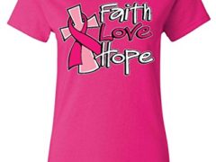 Shop4Ever® Faith Love Hope Women's T-Shirt Breast Cancer Awareness Shirts Medium Heliconia Pink 12817