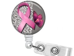 Breast Cancer Awareness Pink Ribbon and Butterfly Glass Cabochon SLIDE Clip on Badge ID Holder with