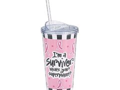 Pink Ribbon Breast Cancer I'm a Survivor, What's Your Superpower Travel Cup 20 oz