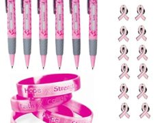 Pink Ribbon Breast Cancer Awareness Set - 12 Pink Camouflage Bracelets + 12 Pink Message Pens + 12 Pink Ribbon Pins