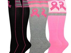 TeeHee Breast Cancer Knee High 3-Pack Socks - Big Pink Ribbon, Size 9-11, Multi color