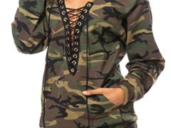 Lady Camouflage Printed Pullover V-neck Lace Up Sweatshirt with Belly Pockets